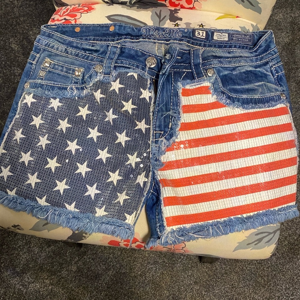 Miss Me Sequins American Flag Jean Shorts